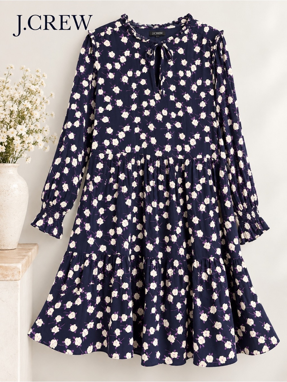 J. Crew XXL Navy Floral Tiered Long Sleeve Dress